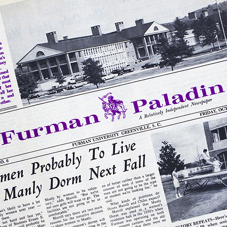 Furman Paladin front page reads "men probably to live in Manly Dorm next fall"