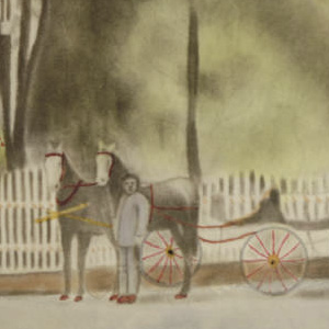 drawing of man with horse and buggie