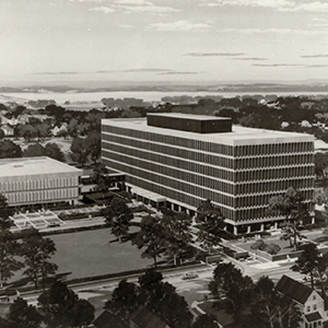 Black and white aerial view of MUSC College of Dental Medicine building and campus circa 1970s