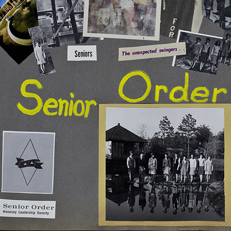 A page from a scrapbook with the words "Senior Order" and a group photo of girls standing by a lake