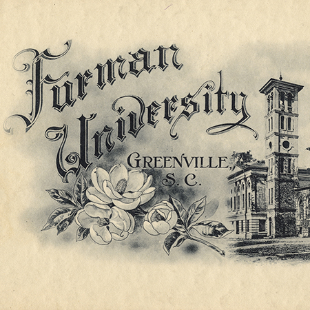 A black and white watercolor reading "Furman University Greenville, South Carolina" with the Furman bell tower and a magnolia flower